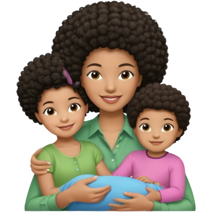 Polaroid photo with a Black woman with an afro hairstyle and a green blouse, two children: a boy with straight hair and a blue shirt, and a baby girl in a pink shirt. All are smiling. emoji