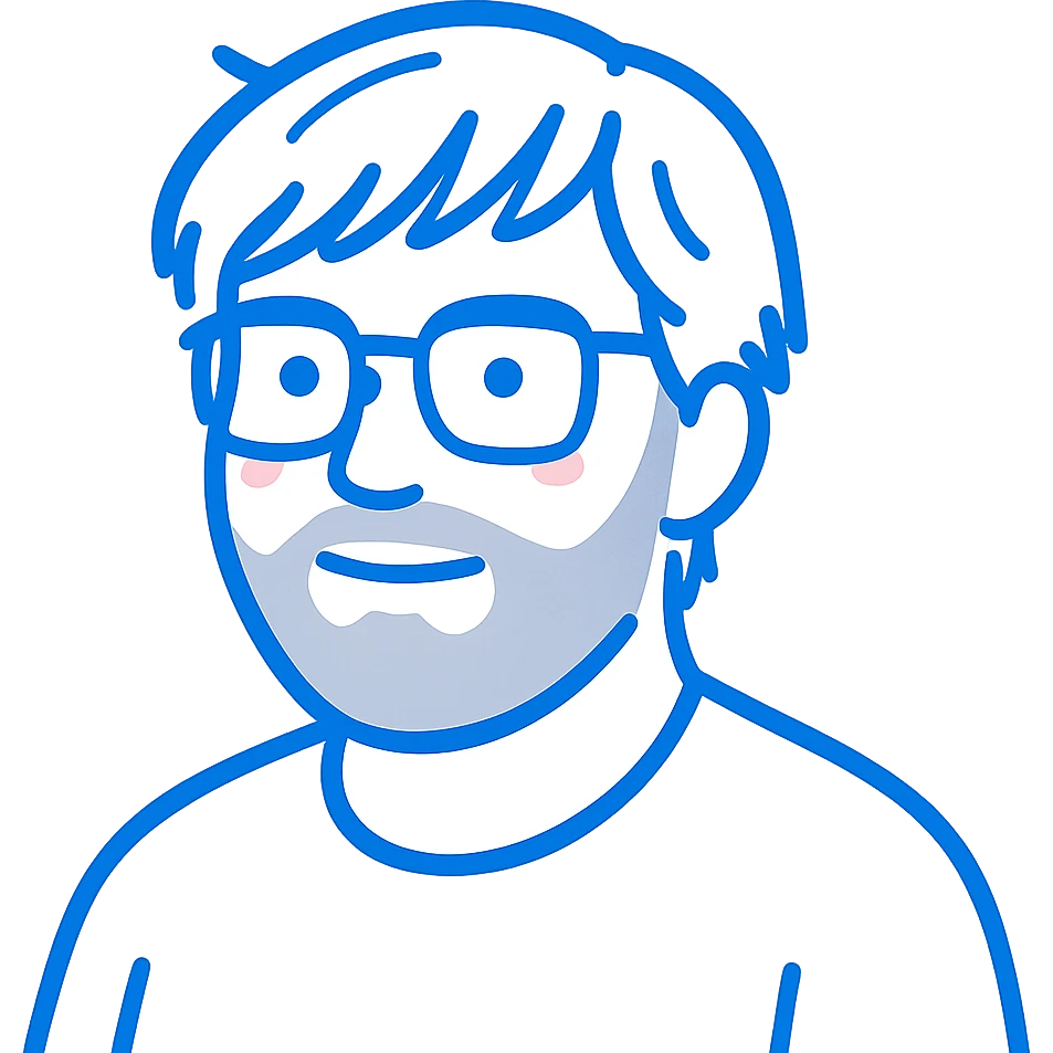 A man with stylish glasses, attractively disheveled longer hair that still looks nicely styled with perfect bangs across the forehead, a round face shape, and a broader nose. Use standard bright blue for all primary outlines and details, very subtle pink highlights restricted to the cheeks, and gray tones used only for the beard and minimal shadow details where necessary. emoji