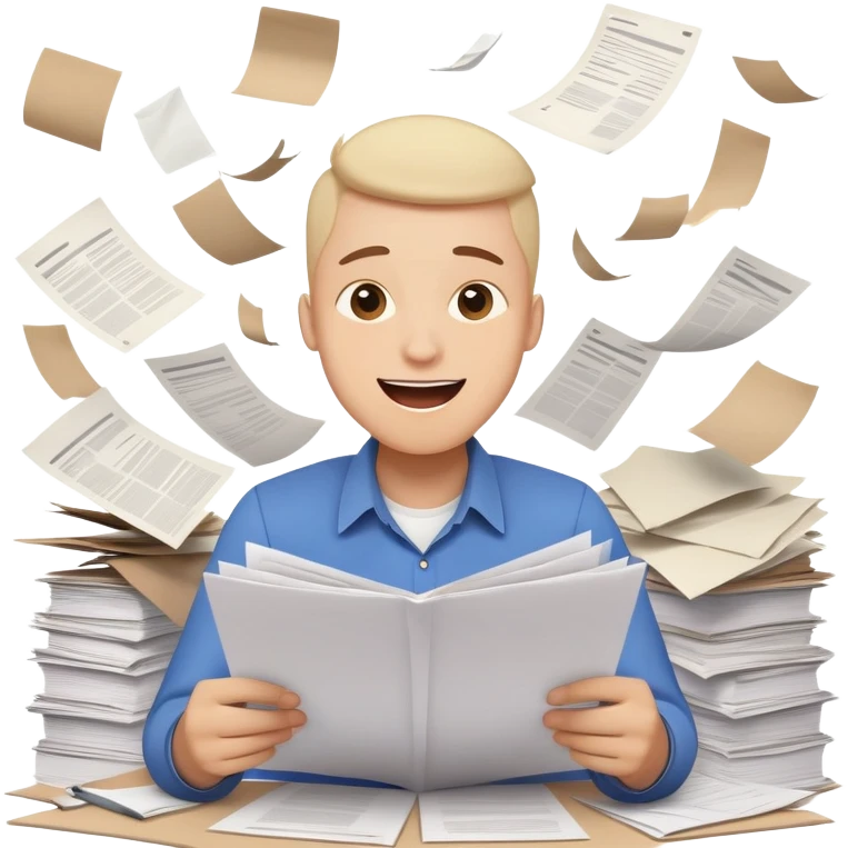 A person with a happy excited face but also looking stressed and overwhelmed, papers flying everywhere, surrounded by work items, half celebrating success and half panicking about deadlines emoji