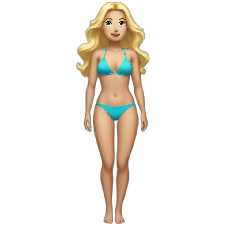 Slim-thicc Caucasian woman with blues eyes and blond hairs bikini hands-in-hair pose (beach body) full body emoji
