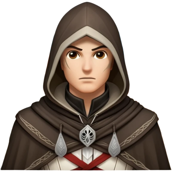 icon featuring Assasin's Creed in an iconic assassin's hood, standing tall against the backdrop of Florence. The design captures the essence of adventure, with intricate details of historical architecture and a sense of mystery. The character is poised, ready for action. transparent background. emoji