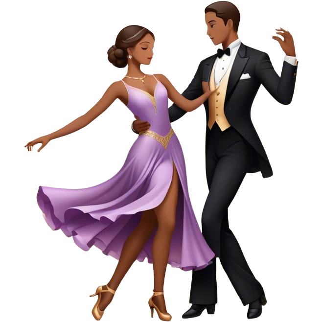 Icon for Ballroom Dancing: a couple in an elegant dance pose, with flowing dresses and tuxedos, surrounded by dance floor lights. The icon should convey the grace and elegance of ballroom dance, with focus on movement and precision. Transparent background. emoji