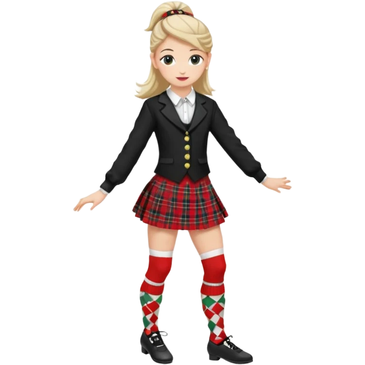 Highland dancing argyle over the knee socks, blouse, highland dancing jacket, tartan miniskirt and highland dancing shoes emoji