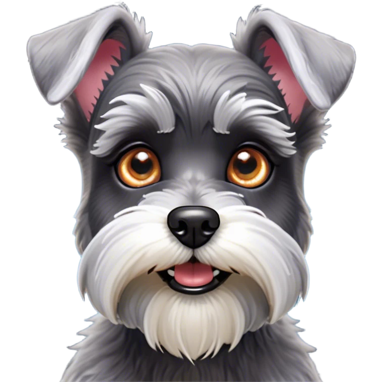 Cinematic Comical Miniature Schnauzer Portrait Emoji, Head tilted dramatically with a comically shocked expression and large, animated eyes, featuring a sharply defined salt-and-pepper fur with exaggerated, humorous eyebrows, simplified yet hilariously detailed, glowing with a bold, playful radiance, high shine, exuding a spirited and cheeky charm, styled with a soft glowing outline, capturing the essence of a Miniature Schnauzer that appears ready to dash into a burst of comic energy! emoji