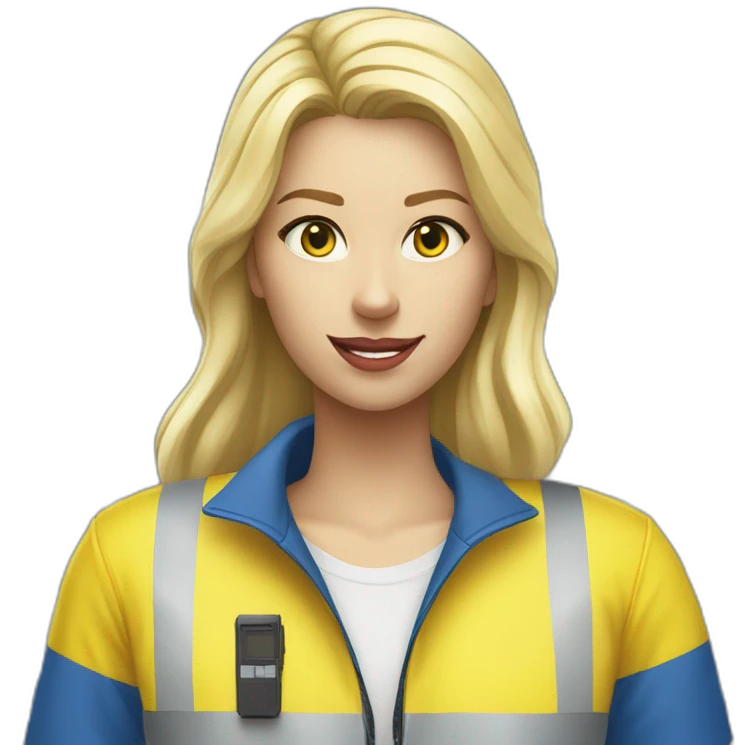 Ikea coworker blond woman blue stripes t-shirt and yellow security vest scanning palets emoji