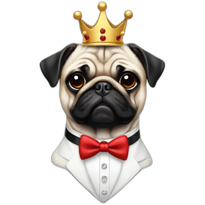 A dog (pug) with a crown in a white suit and a red bow and black braces emoji