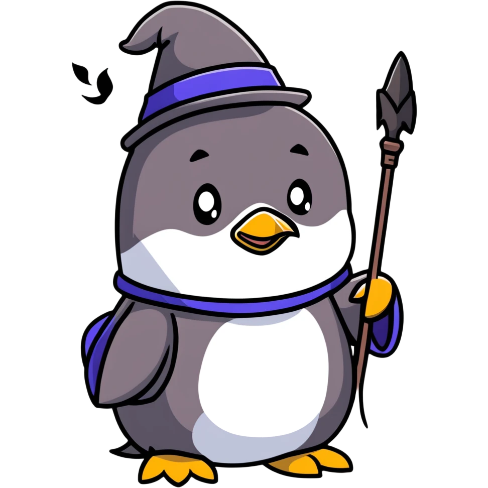 a penguin wizard with a staff and hat next to a small dragon emoji