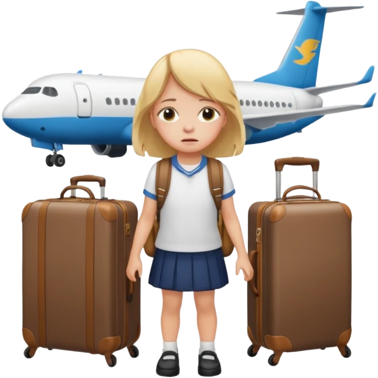 떠난 비행기와 많은 캐리어 때문에 우는 여학생 emoji