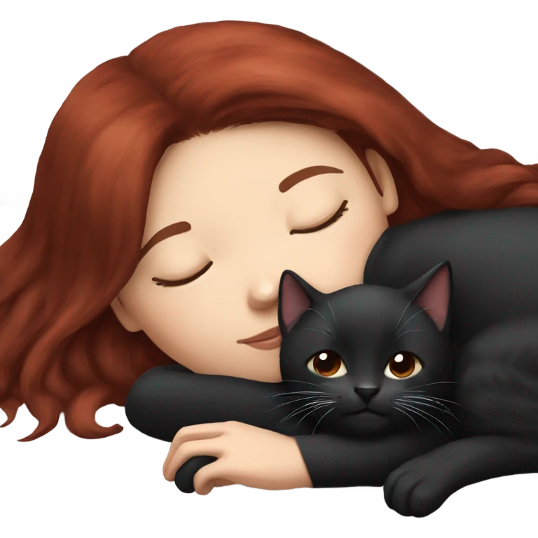 White skin dark red haired girl sleeping with black kitten emoji