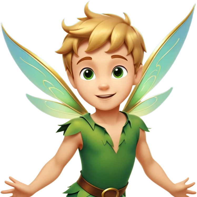 cinematic-realistic-peter-pan-portrait, head tilted dramatically with an exaggeratedly amused expression and sparkling eyes brimming with playful mischief, his iconic outfit rendered in vivid detail with dynamic shadows, soaring through the air accompanied by a glowing Tinker Bell, whose delicate wings leave a trail of shimmering pixie dust across a whimsical sky. emoji