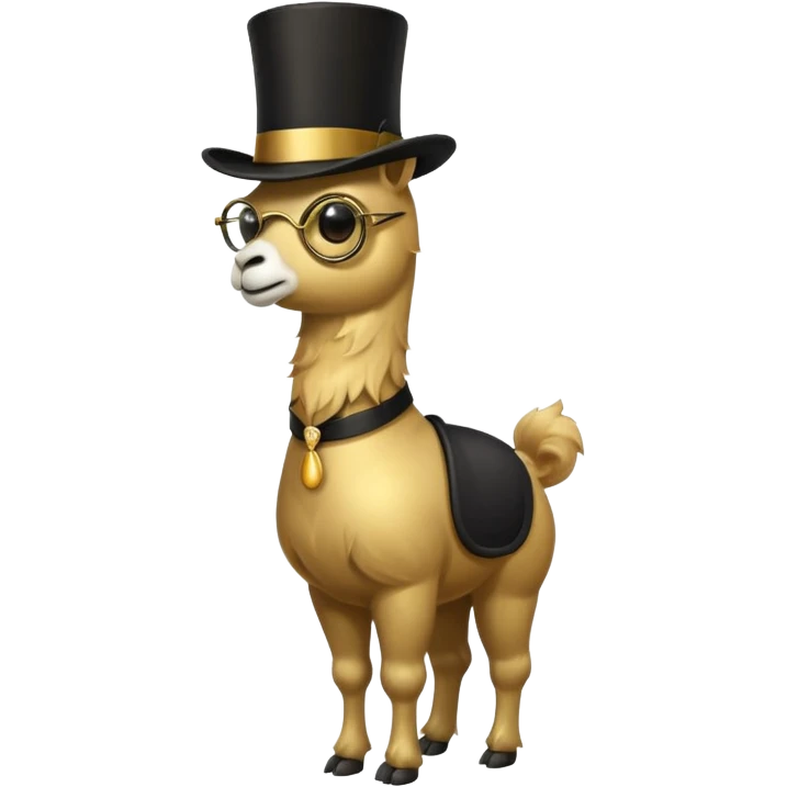 A small golden llama silhouette wearing a black top hat and a single eye monocle, full body shot emoji