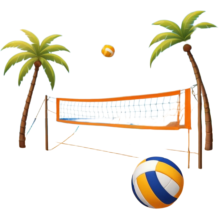 A volleyball resting on the orange sand ground of a beach, with a volleyball net in the background. The scene captures a sunny beach atmosphere with clear blue sea and sky, palm trees swaying, and people in swimsuits enjoying the vibrant surroundings emoji