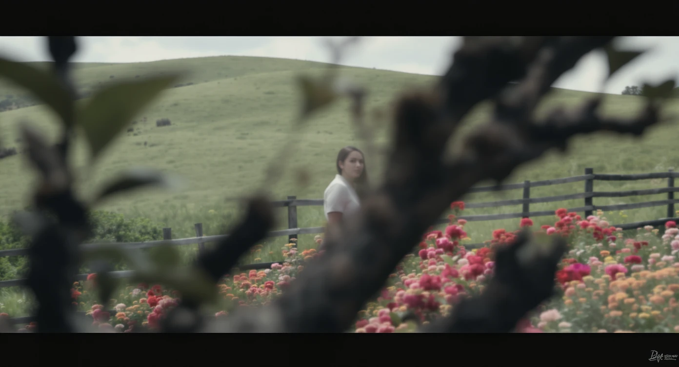 A portrait of a person in the foreground, blurred plants in the foreground (frame within a frame), a wooden fence and colorfull flowers in the midground, rolling hills in the background, cinematic depth of field, layered composition, natural lighting emoji