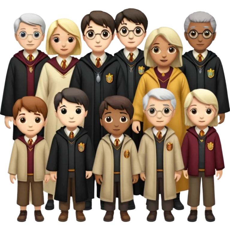 make bitlife kind of bitmojies of the harry potter universe. Make different kind of wizards and witches with different ages. make the clothes look like the one from hp emoji