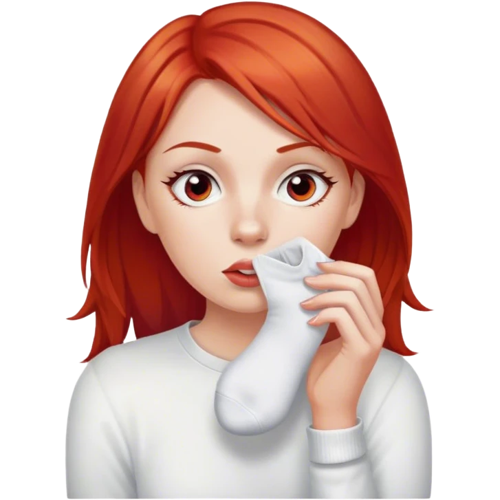 a woman with red hair and red eyes sniffing a white sock emoji