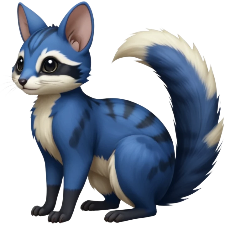 Dark-cobalt-blue, black-pointed, soft realistic romantic vintage antique divine beautiful elegant pretty precious cute young youthful  Fakémon-Pokémon-Furret-opossum-squirrel-feline-serval-caracal-chinchilla-Minccino-Cinccino-Meowstic-rodent-hybrid-creature with a big fluffy bushy tail (full body) emoji