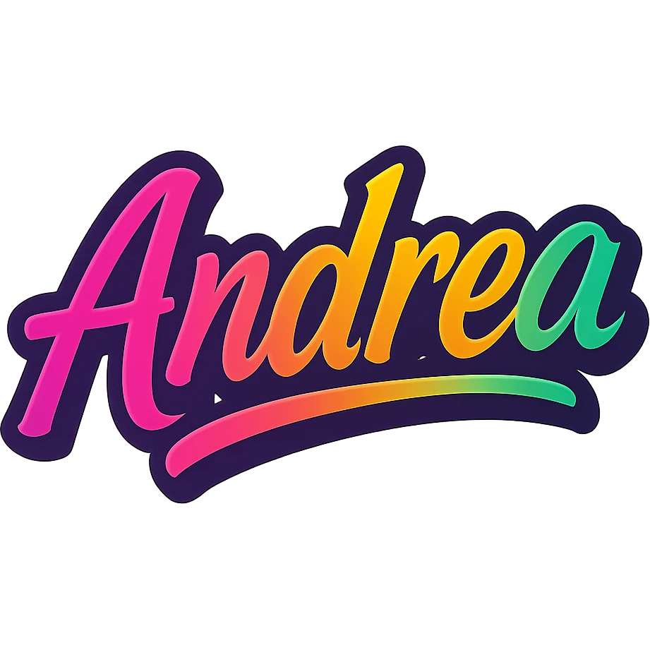 The name 'Andrea' in a thick, colorful, edgy, youthful, elegant font, text only, no emoji, transparent background. emoji