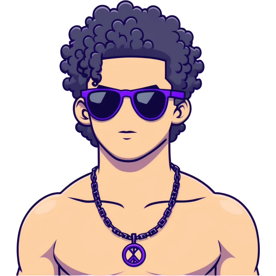 shirtless male athlete with white skin and moderately curly black hair on top with shaved sides, wearing purple sunglasses with very dark heavily tinted black lenses that completely hide the eyes, and a plain black chain necklace emoji