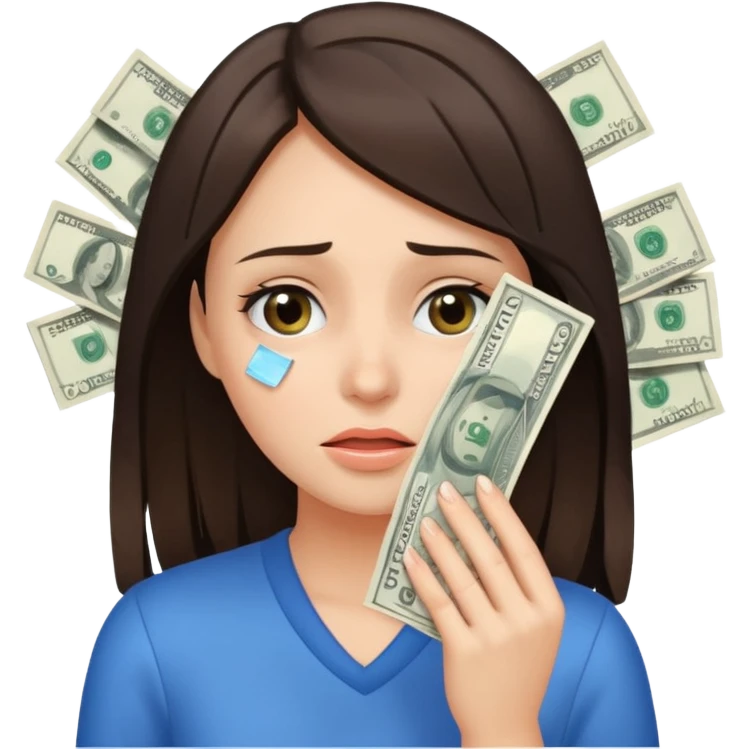 close-up brunette girl drying her tears with money bills emoji