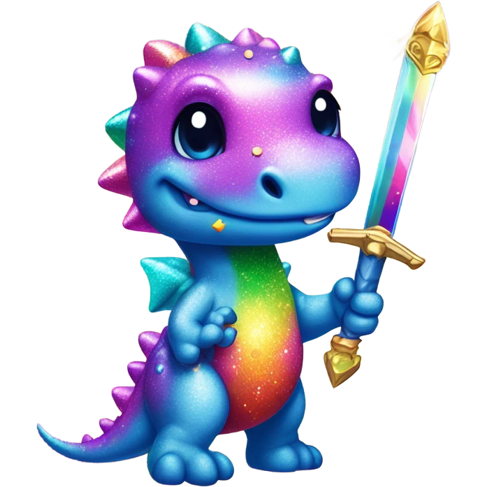 Lisa frank glitter rainbow cute dinosaur with sword and jewels emoji