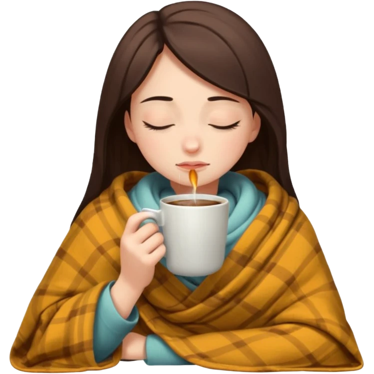 girl inside a blanket sipping coffee eyes closed, visibly distressed emoji