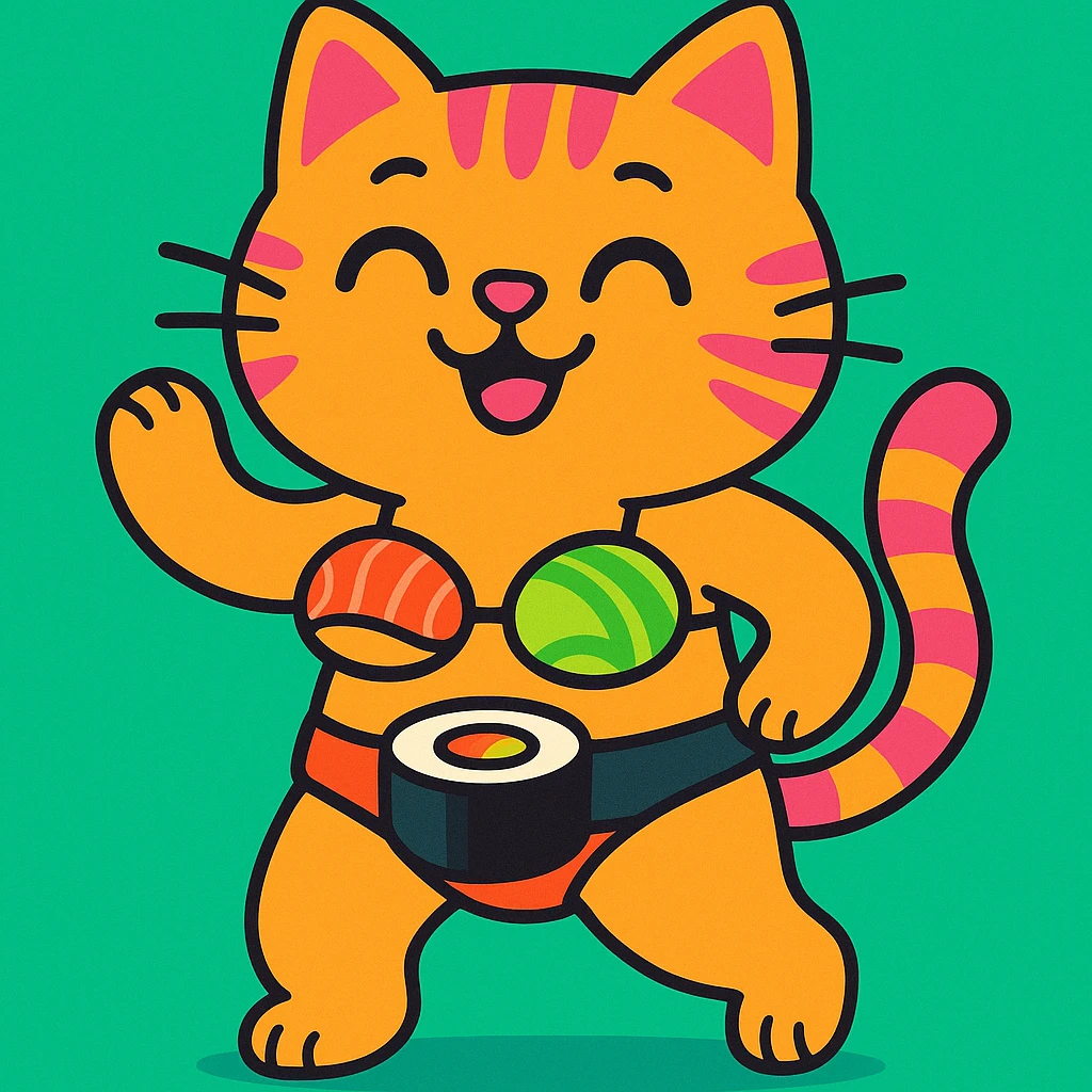 cat in a sushi bikini, cartoon style, bright colors emoji