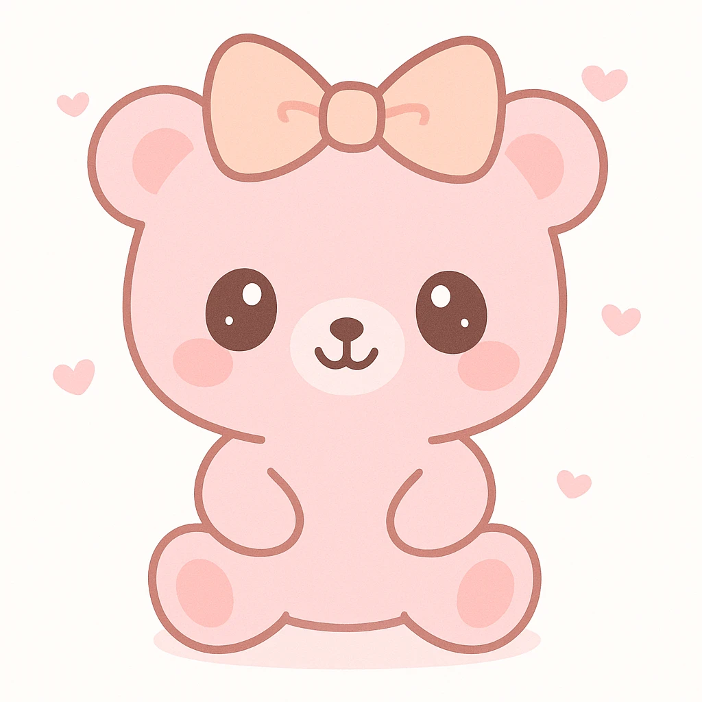 pink teddy bear with a big bow, kawaii style, cheerful expression emoji