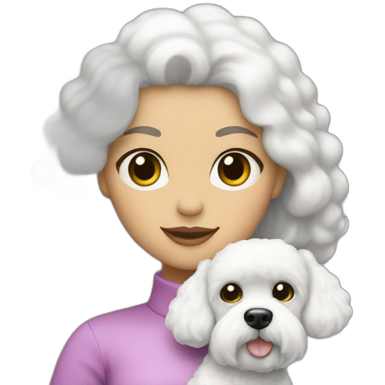mujer piel blanca pelo largo negro y perro bichon blanco emoji