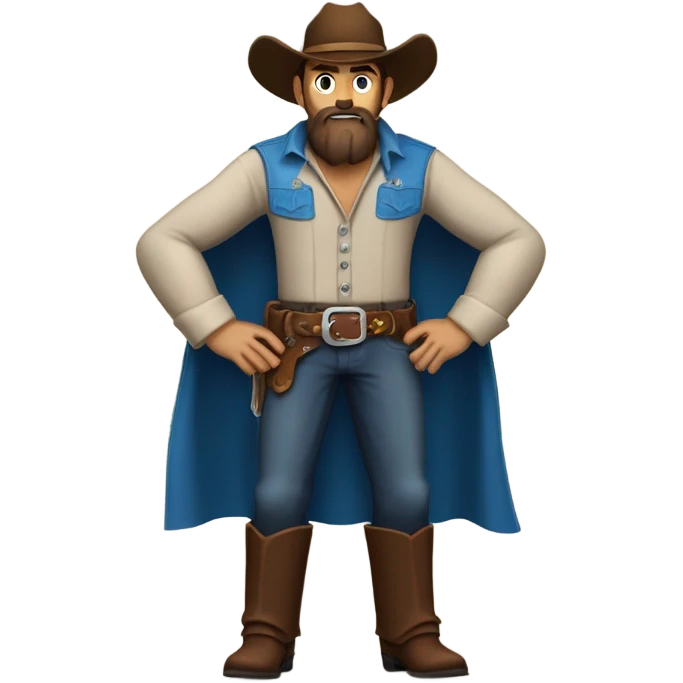 a rugged cowboy with a thick beard, wearing a blue vest over a classic western shirt and a brown belt with a silver buckle. He should have a confident stance, showing full torso emoji