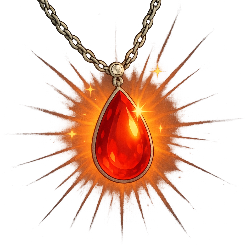 A teardrop ruby pendant with a silver chain and white stones, radiating a luminous aura of passion and renewal emoji