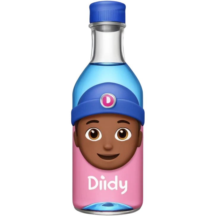 Smiling bottle of oil blue top pink outside with logo that says diddy oil emoji