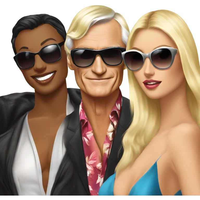 Young Hugh Hefner in sunglasses with 3 beautiful blonde girlfriends emoji
