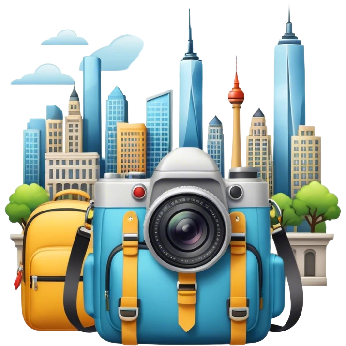 Icon for Urban Tourism: city skyline with iconic buildings, a camera and a backpack. The icon should represent the exploration of urban destinations, with elements like streets, landmarks, and vibrant city life. Transparent background. emoji
