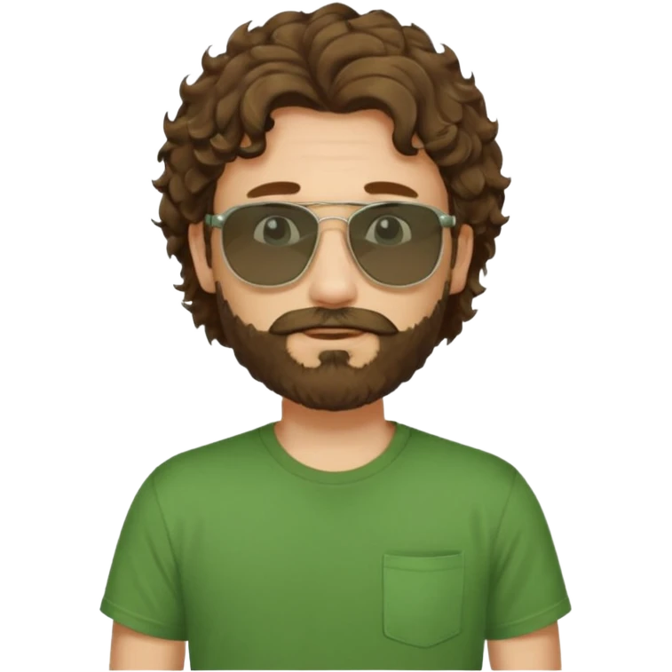 a self asured white male. brown hair. green t-shirt. blue background 5 days beard. sunglasses. longer curly hair emoji