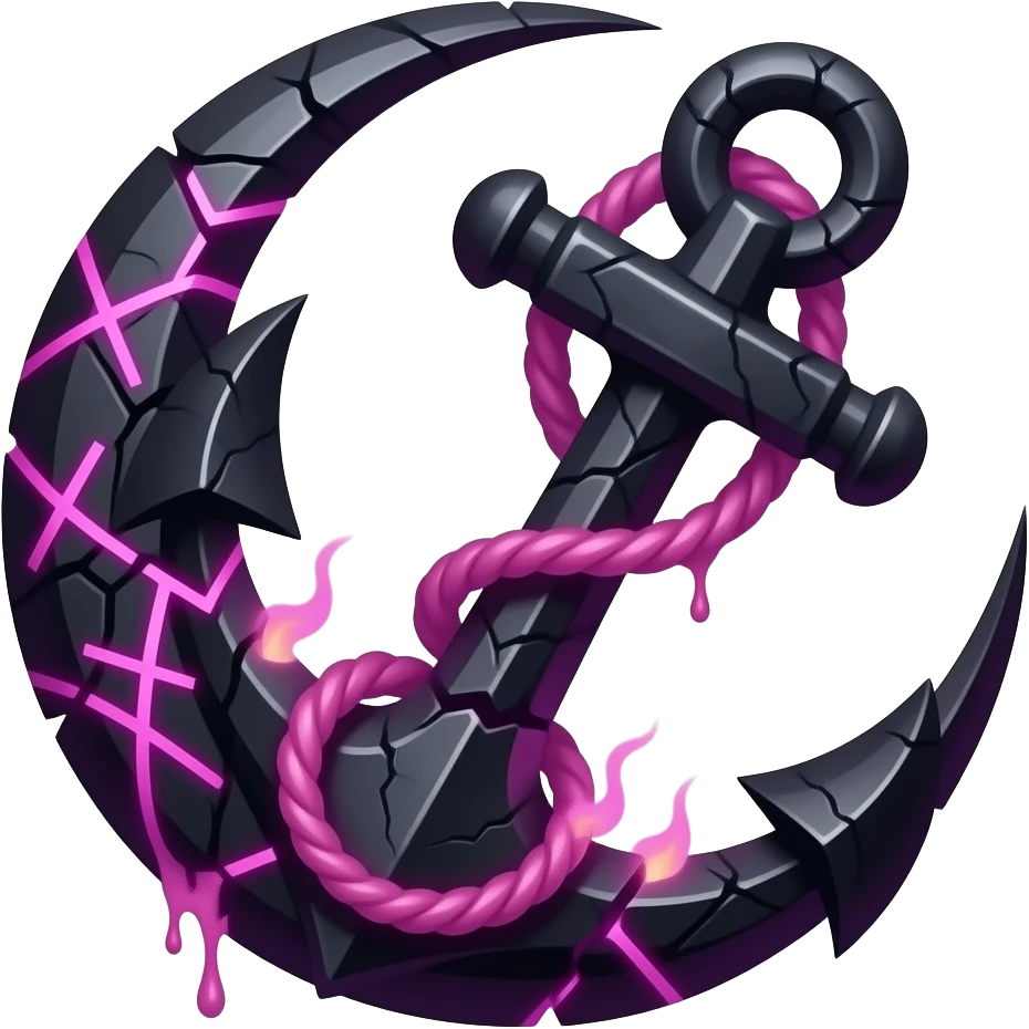 „blackened crescent‑moon fused with a jagged anchor, cracked runic engravings glowing violet, thin pink curse‑energy leaking like burning veins, soft moonlight catching the cracks, drifting shadow‑mist, ultra‑detailed, black‑violet‑pink palette, no characters“ emoji