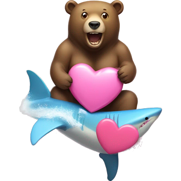 A bear holding a pink heart surfing on a shark in the ocean emoji