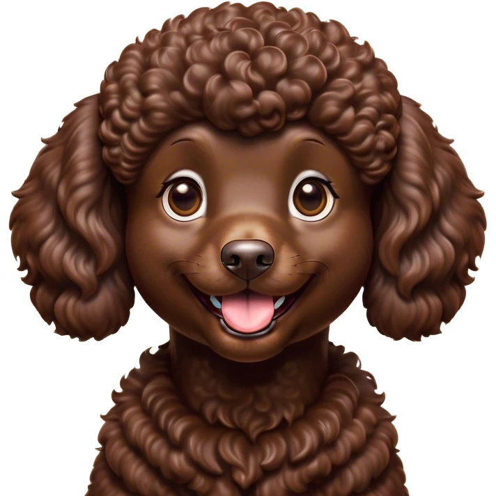 Cinematic Comical Chocolate Poodle Portrait Emoji, Head tilted dramatically with an exaggeratedly amused expression, featuring a glossy, curly chocolate Fur with a bouncy texture, wide, expressive brown eyes filled with playful disbelief, Simplified yet hilariously expressive features, highly detailed, glowing with a slightly sassy glow, high shine, dramatic yet playful, stylized with an air of cheeky mischief, bright and endearing, soft glowing outline, capturing the essence of a spirited and over-the-top companion, so meme-worthy it feels like it could side-eye its way into internet fame instantly! emoji