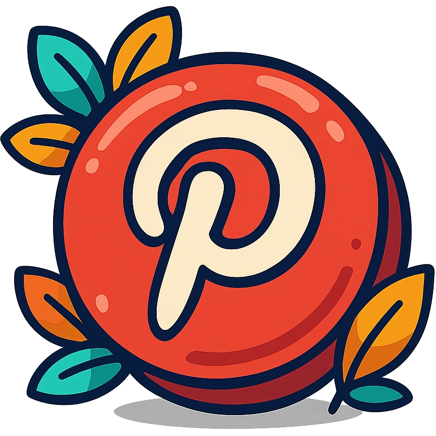 plump, vibrant, cartoon-style Pinterest logo, bold outline, expressive shadows, glossy highlights, decorated with bright leaves around the logo, no background emoji