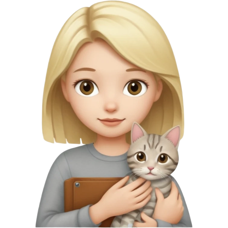 Cute blond girl with grey taby cat emoji