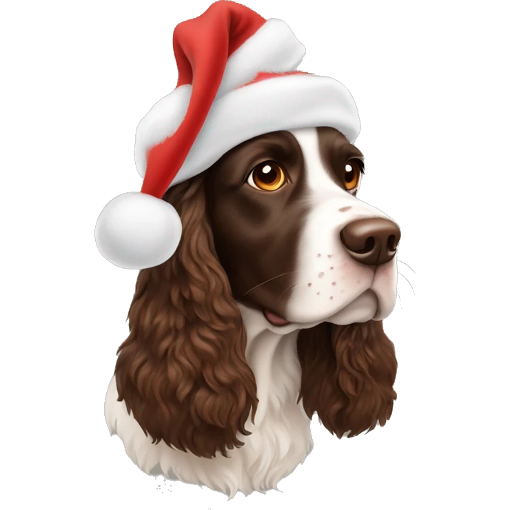 Brown Springer spaniel with a Santa hat emoji