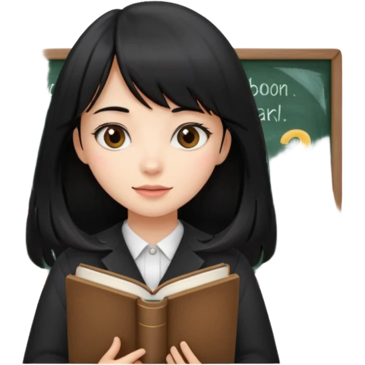 lecture girl with straight bangs fringe long black color hair 
with book and blackboard emoji