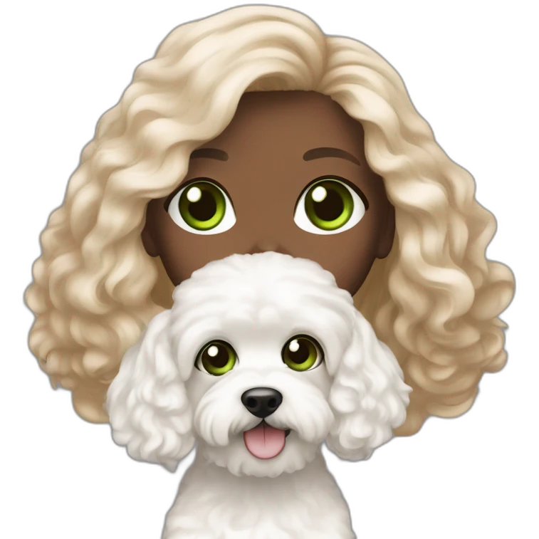 Green eyes and Long hair brunette rosy white girl with white maltipoo emoji