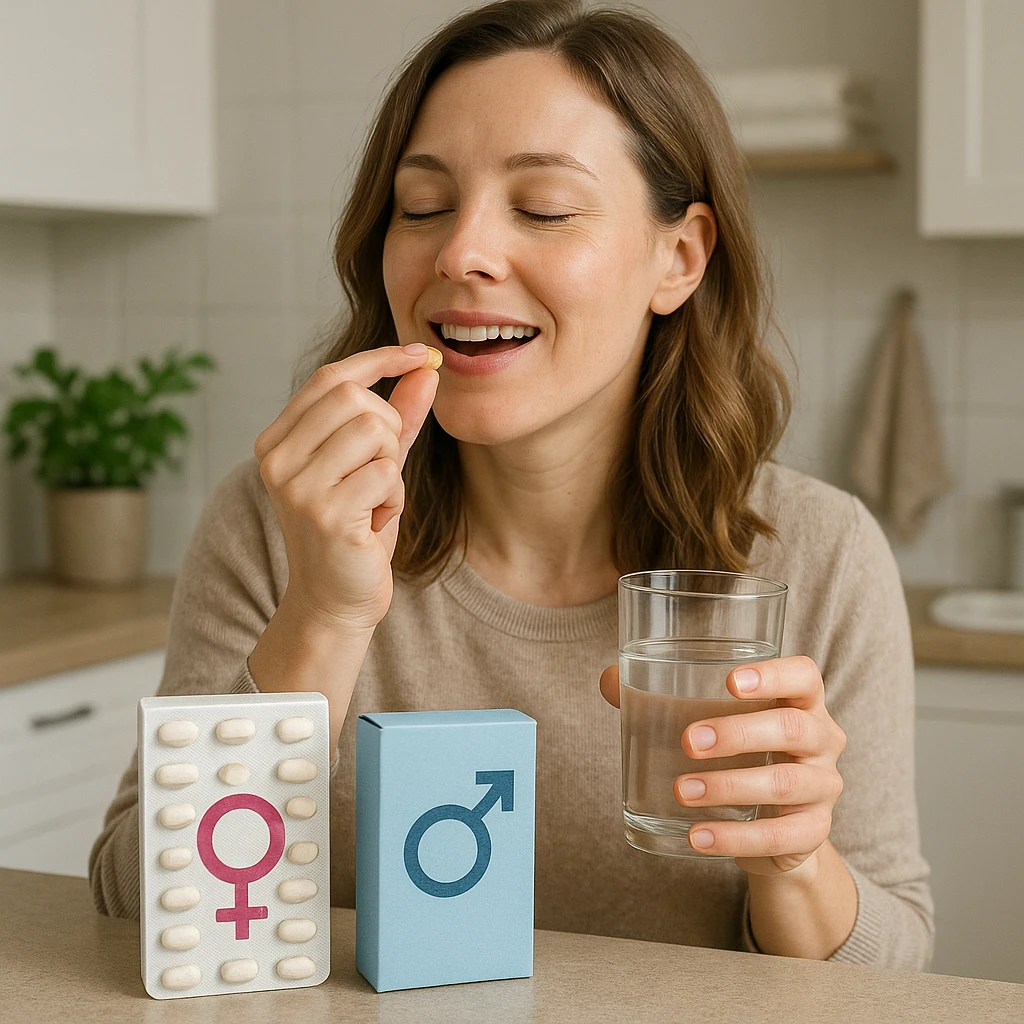 woman taking supplements or medication for hormone regulation, packages with hormone symbols, positive atmosphere, realistic details, kitchen or bathroom background emoji