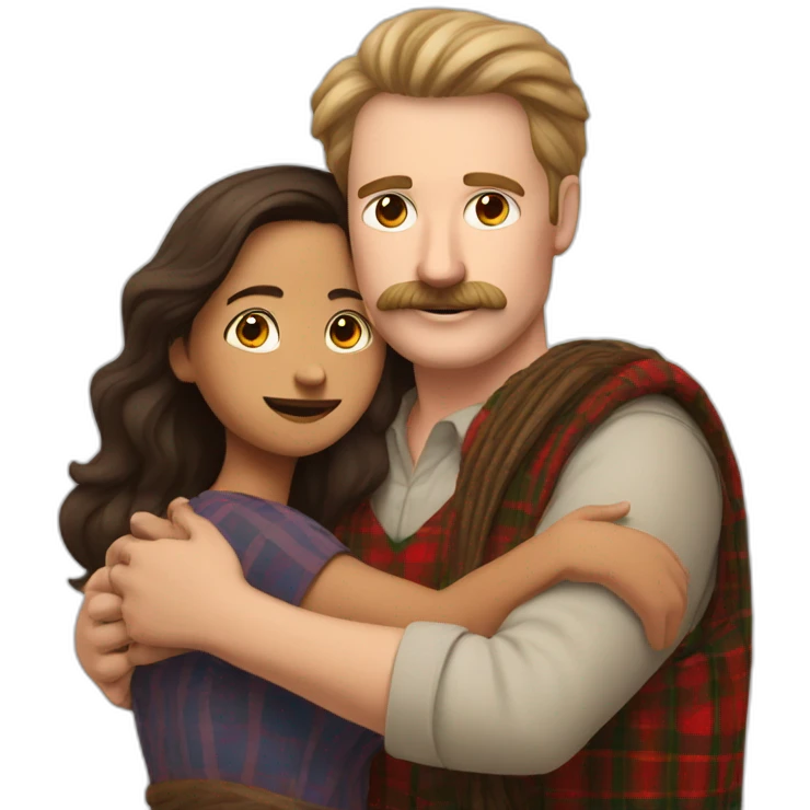 Tall white man with brown hair and a mustache wearing plaid hugging small Indian woman emoji
