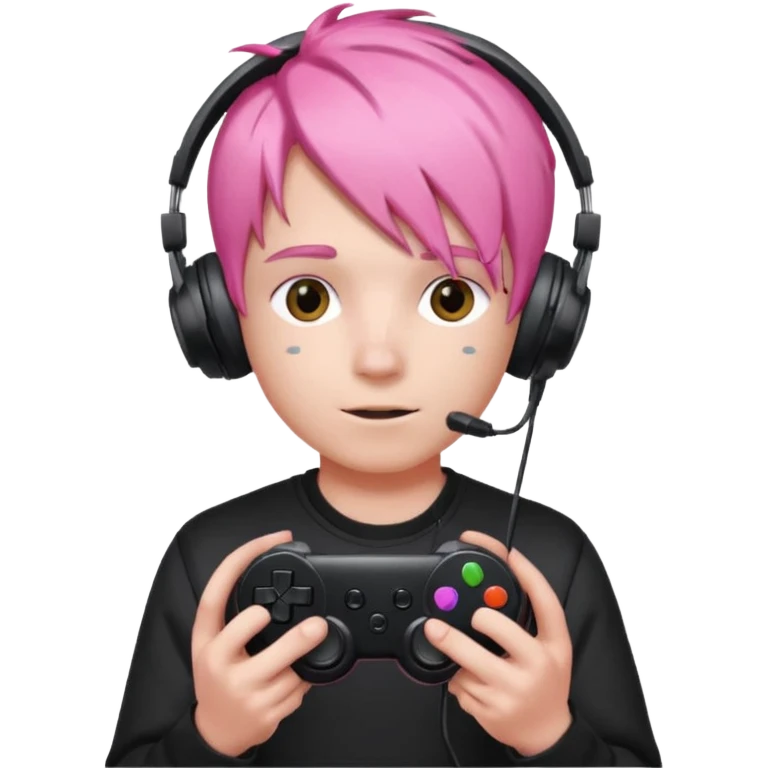 pink haired boy with headphones holding all black game controller emoji