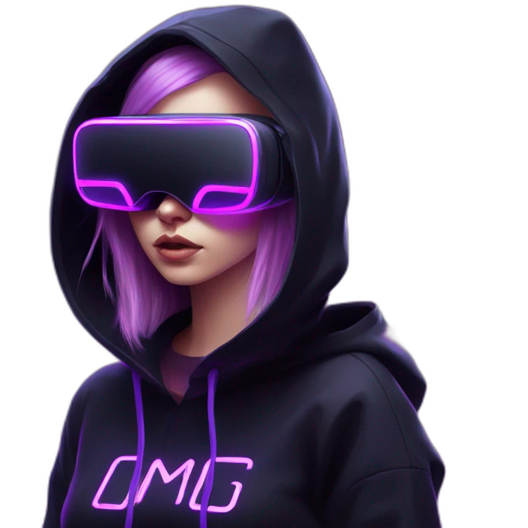 Russian girl wearing black hoody with violet letters "OMG", in vr headset. Cyberpunk style. Violet neon. emoji