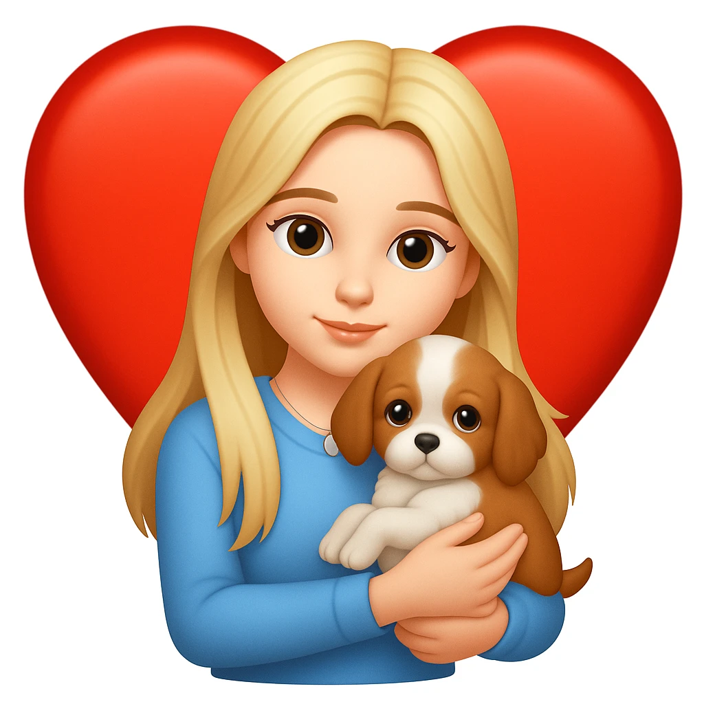Add a heart background behind the girly girl with long hair holding a puppy in the style of emoji (apple style emojis). Keep the emoji style look and feel. emoji