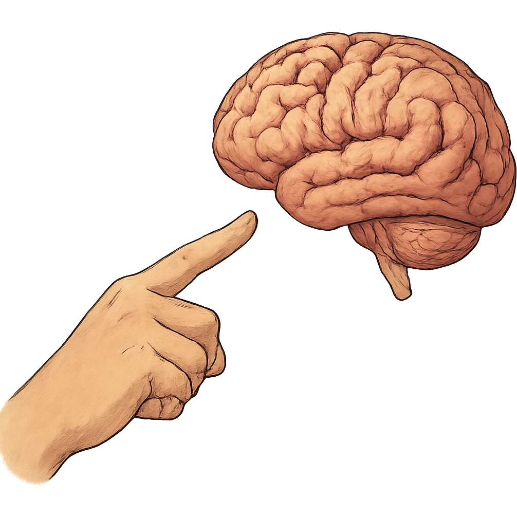 ghibli style a hand with detailed fingers pointing to a brain emoji