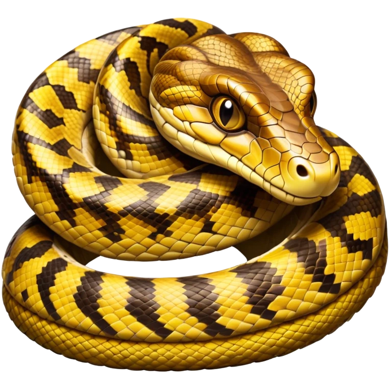 cinematic-python-realistic-full-body-coiled-emoji,-thick-scaled-body-looped-tightly,-intricate-brown-and-gold-patterned-scales-reflecting-light,-head-tilted-dramatically,-slitted-eyes-staring-calmly,-simplified-yet-realistic-focused-feature emoji