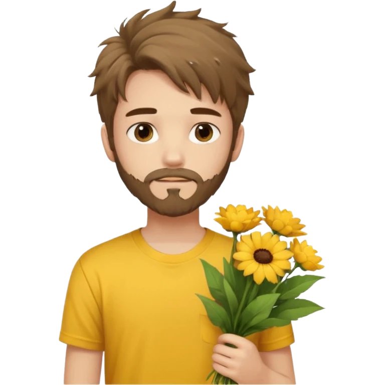 generate an ios genmoji of a 20 year old fair boy with brown long and messy hair with goattee beard on cheeks. carrying a flower bouquet, wearing a yellow tshirt, looking shy.  emoji